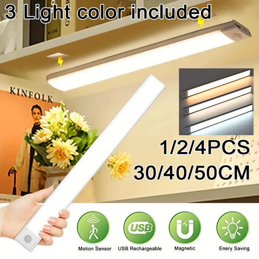 1-4 PCS Wireless Rechargeable LED Motion Sensor Cabinet Light for Closet, Kitchen, Wardrobe, Stairs - Battery Operated Night