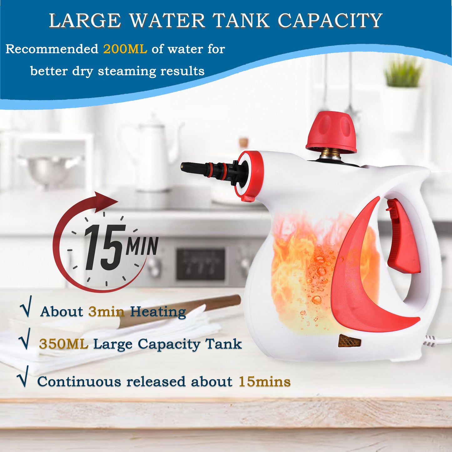 Steam Cleaner, 1050W Handheld Steamer Cleaner for Cleaning with 9 Pcs Accessories/14 Oz Tank, Steamer for Home,Tile,Floor,Car,Red