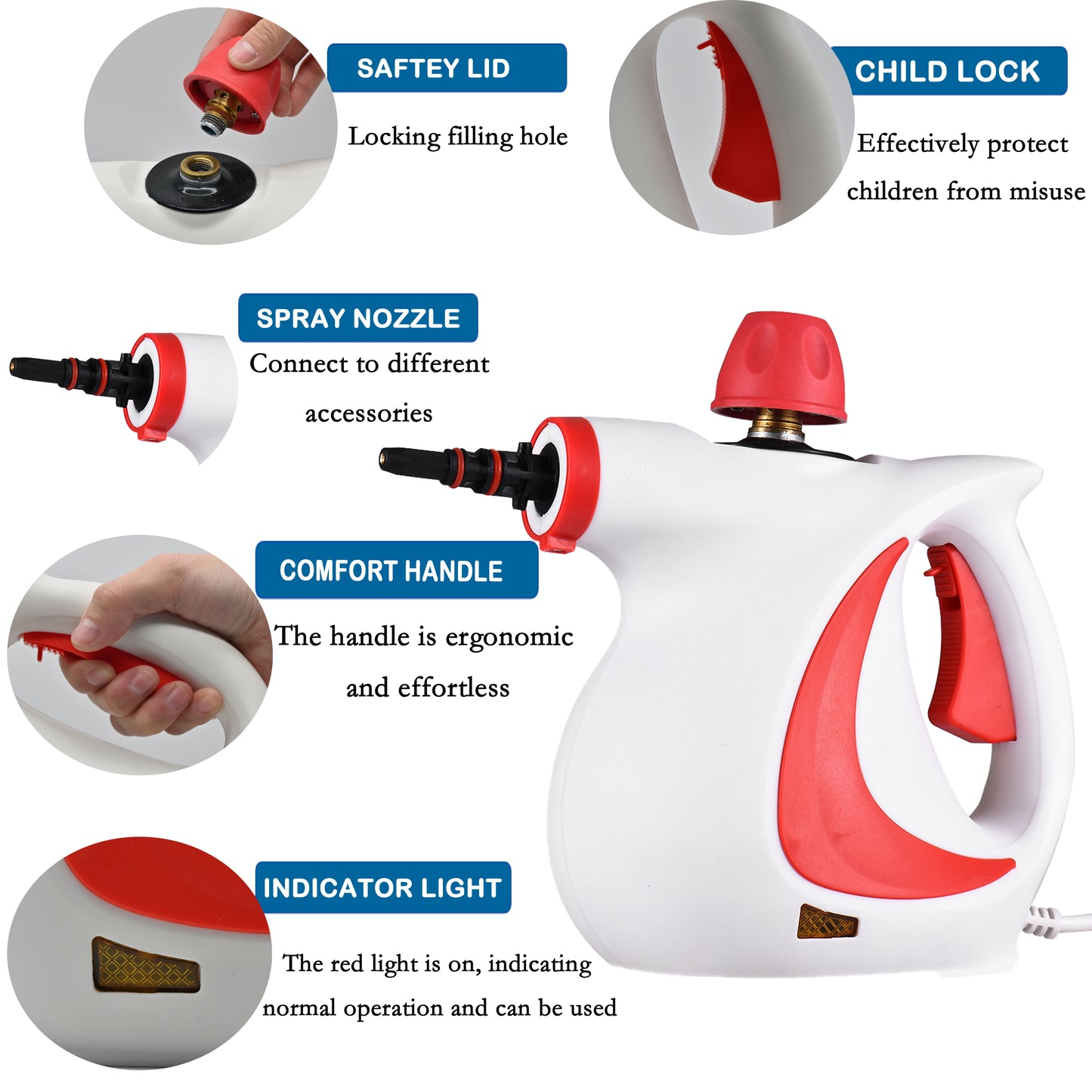 Steam Cleaner, 1050W Handheld Steamer Cleaner for Cleaning with 9 Pcs Accessories/14 Oz Tank, Steamer for Home,Tile,Floor,Car,Red