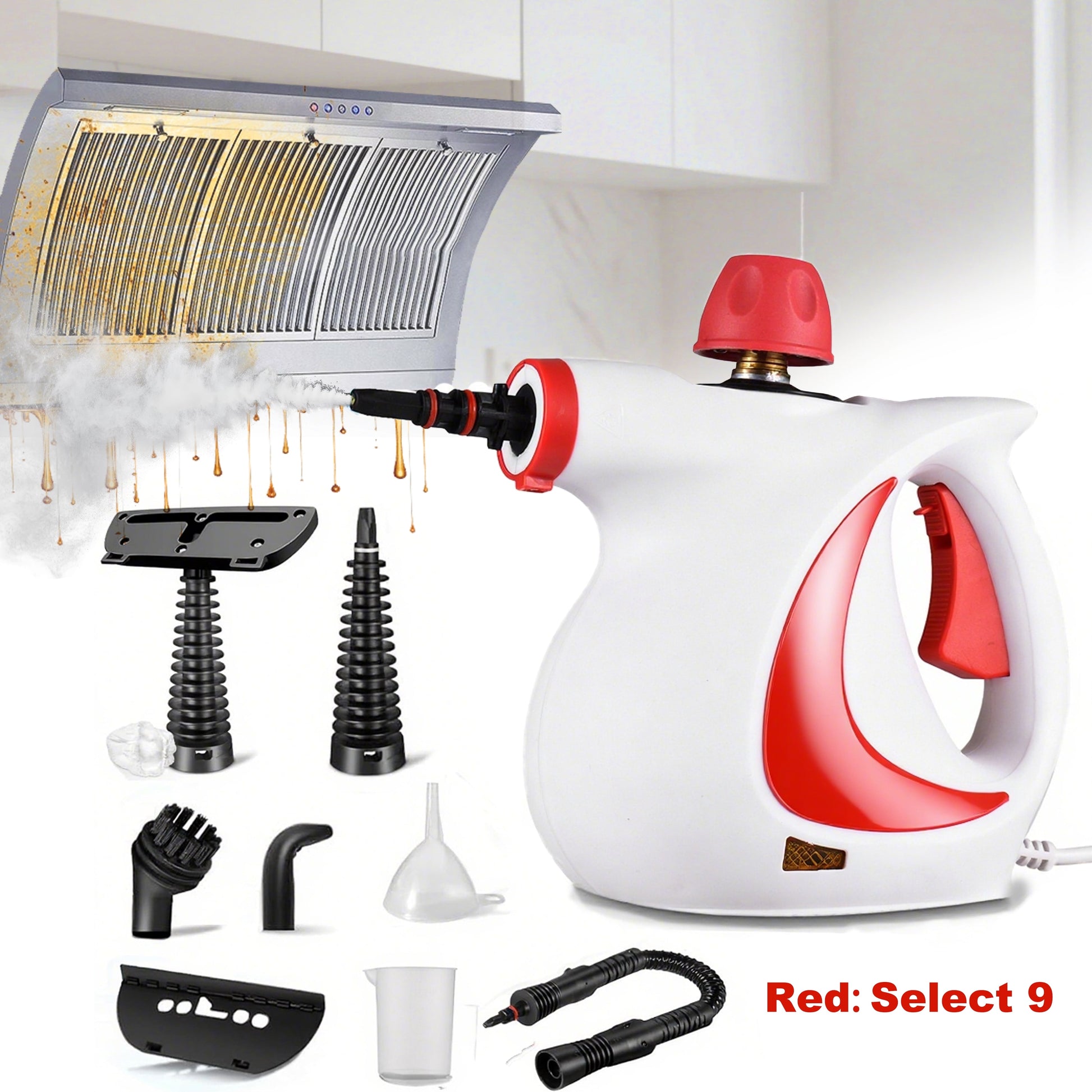 Steam Cleaner, 1050W Handheld Steamer Cleaner for Cleaning with 9 Pcs Accessories/14 Oz Tank, Steamer for Home,Tile,Floor,Car,Red